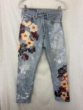 RJP Style Hand Painted Levi’s 501 Jeans Floral Upcycled Art Vintage 27